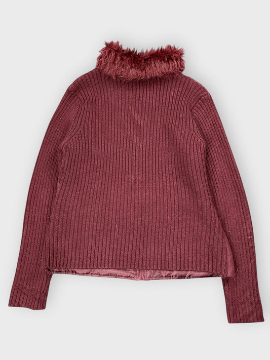 Effeel Burgundy Faux Fur Collar Sweater Jacket (L)
