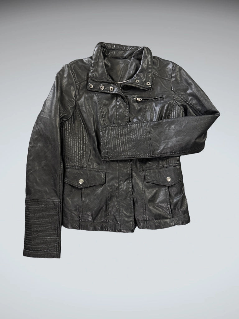 Vintage Black Genuine Leather Pocket Jacket Women (M)