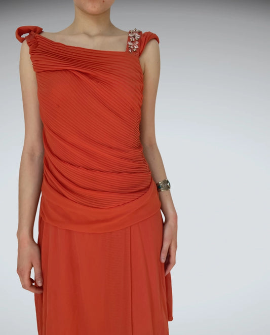 Vibrant Orange Pleated Asymmetric Mini Dress Joops! Glam (S)