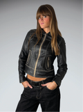 Vintage Black Faux Leather Jacket with Yellow Detail Women (XS)