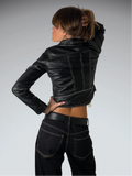 Vintage Black Faux Leather Jacket with Yellow Detail Women (XS)