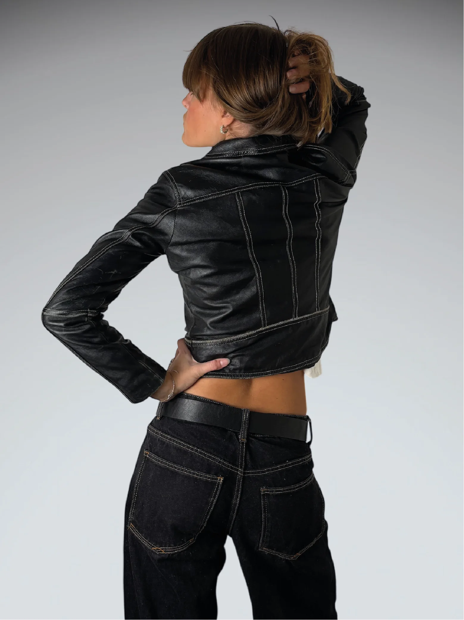 Vintage Black Faux Leather Jacket with Yellow Detail Women (XS)