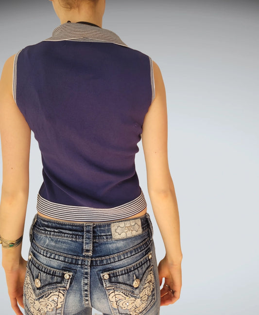 Navy Ribbed Polo Crop Top (S)