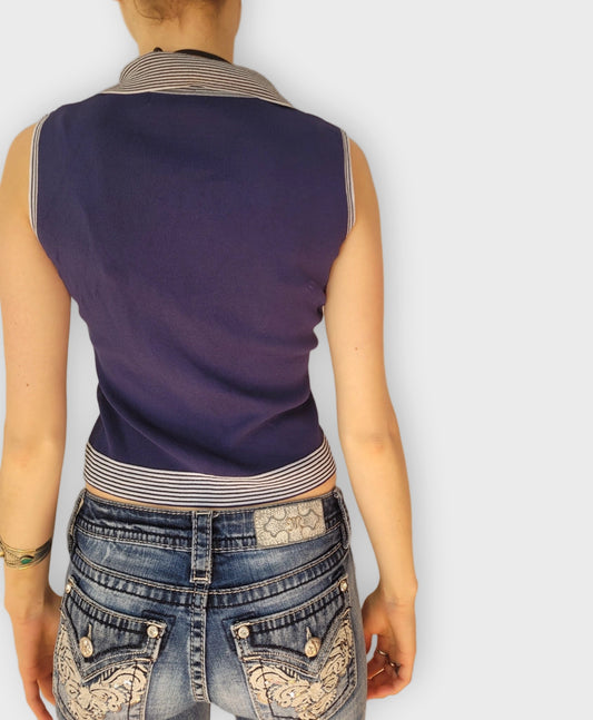 Navy Ribbed Polo Crop Top (S)