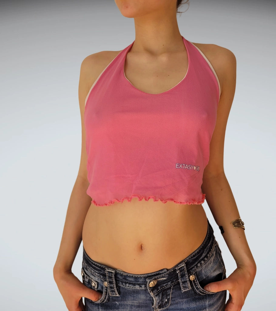 Neon Pink Mesh Halter Crop Top Extasy Girl Y2K Vibe (XS)