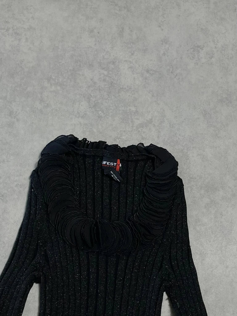 black jumper with decorated neck