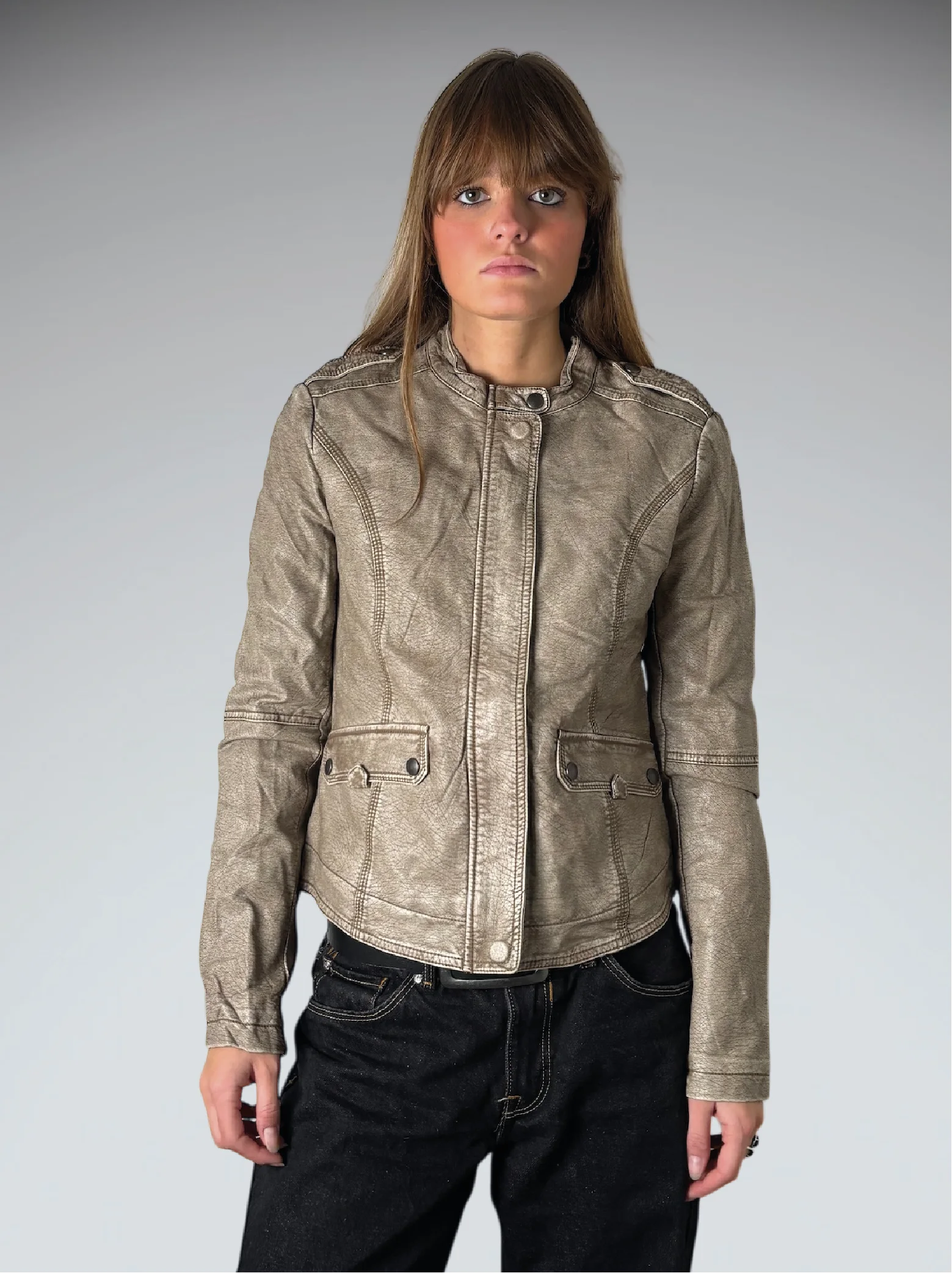 Earthtone Grey Faux Leather Racing Jacket Women (M)