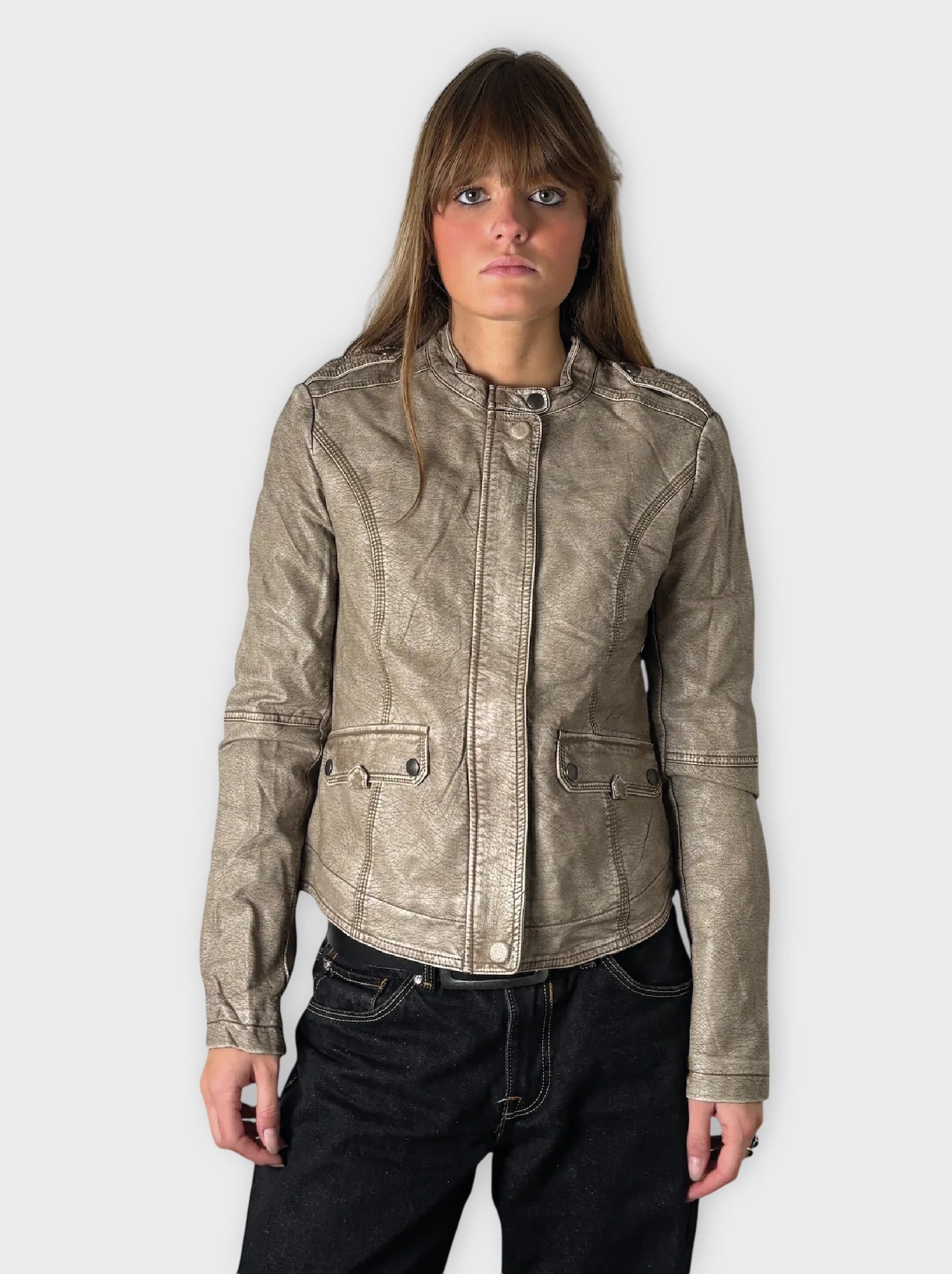 Earthtone Grey Faux Leather Racing Jacket Women (M)