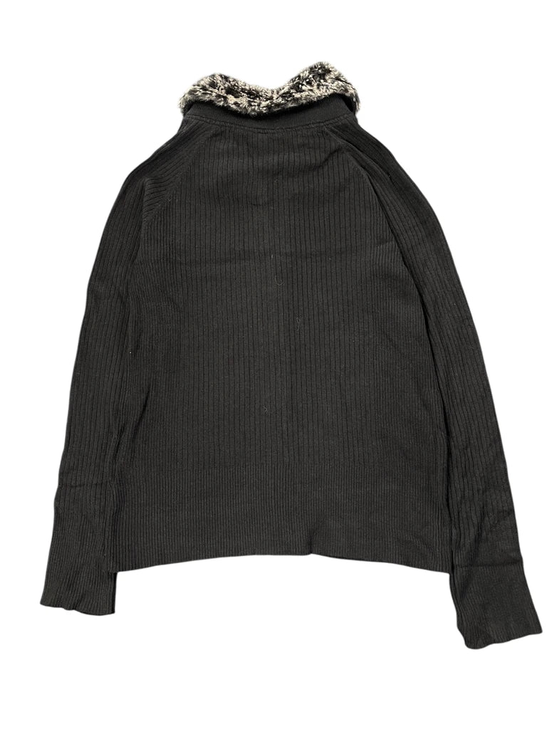 Black Ribbed Zip Cardigan with Faux Fur Collar (M)