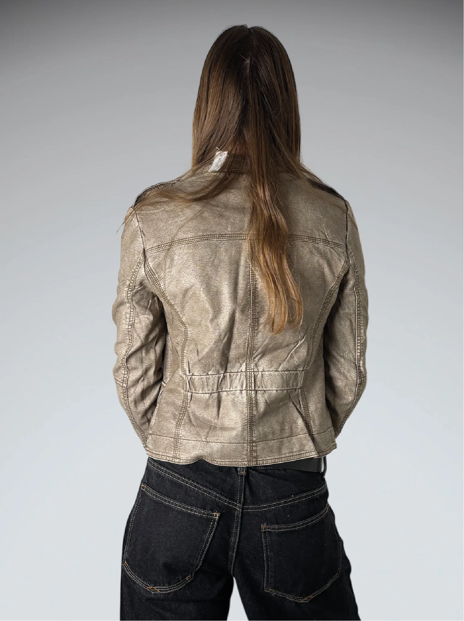 Earthtone Grey Faux Leather Racing Jacket Women (M)
