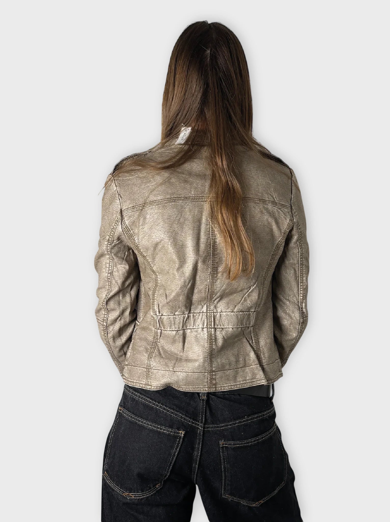 Earthtone Grey Faux Leather Racing Jacket Women (M)