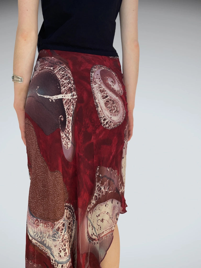 Romantic Burgundy Mesh Midi Skirt Low Rise Asymmetric Hem (XS)