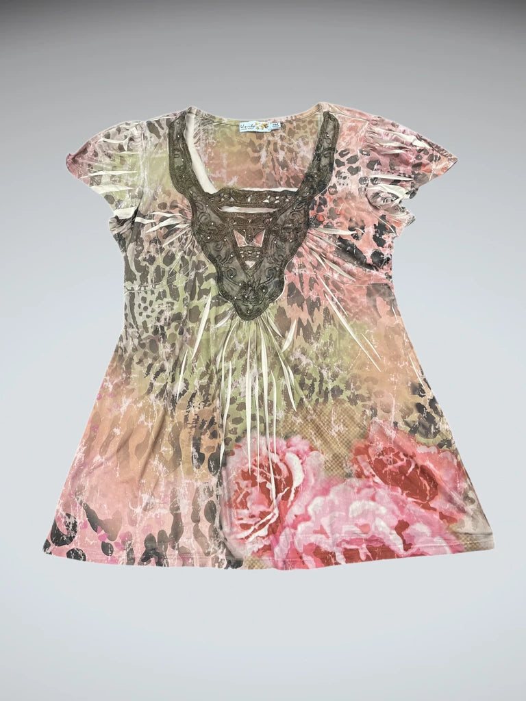 Animal Print & Floral Embellished Tunic Top (M)