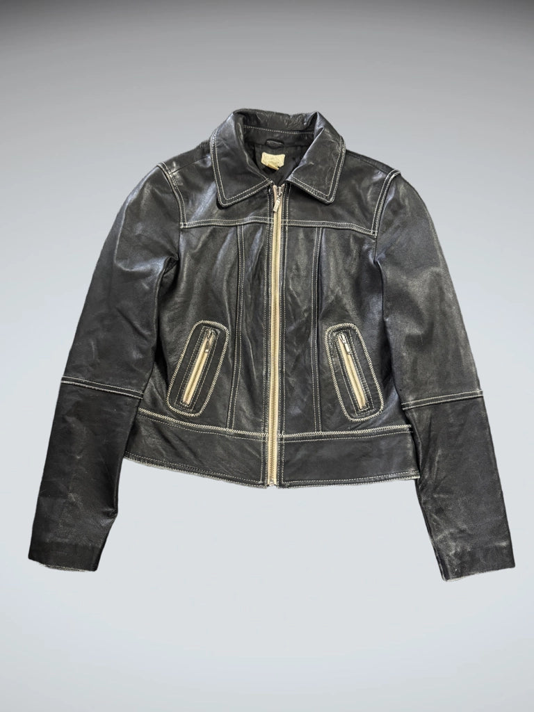 Vintage Black Faux Leather Jacket with Yellow Detail Women (XS)