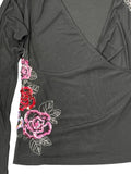 New York & Company Black V-Cut Floral Embellished Top (S)