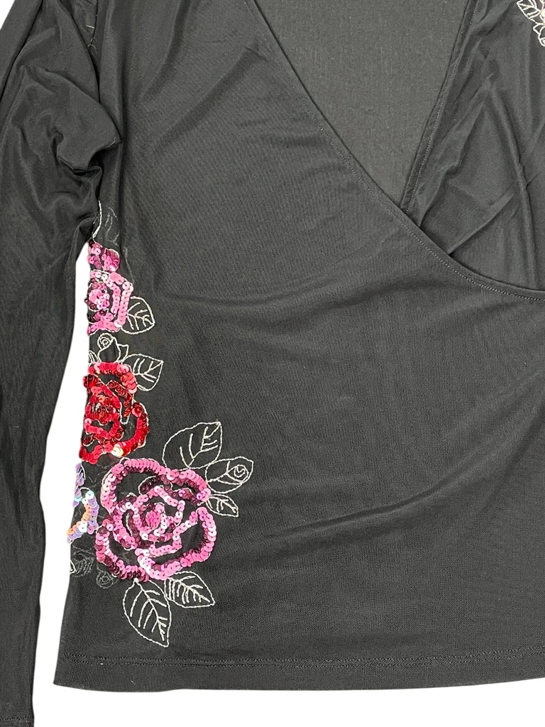 New York & Company Black V-Cut Floral Embellished Top (S)