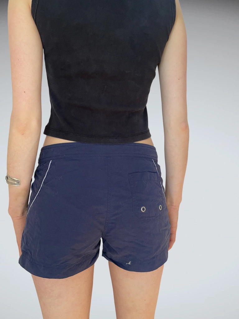 Retro Navy Blue Sport Shorts White Drawstring Vintage Swimwear (S)