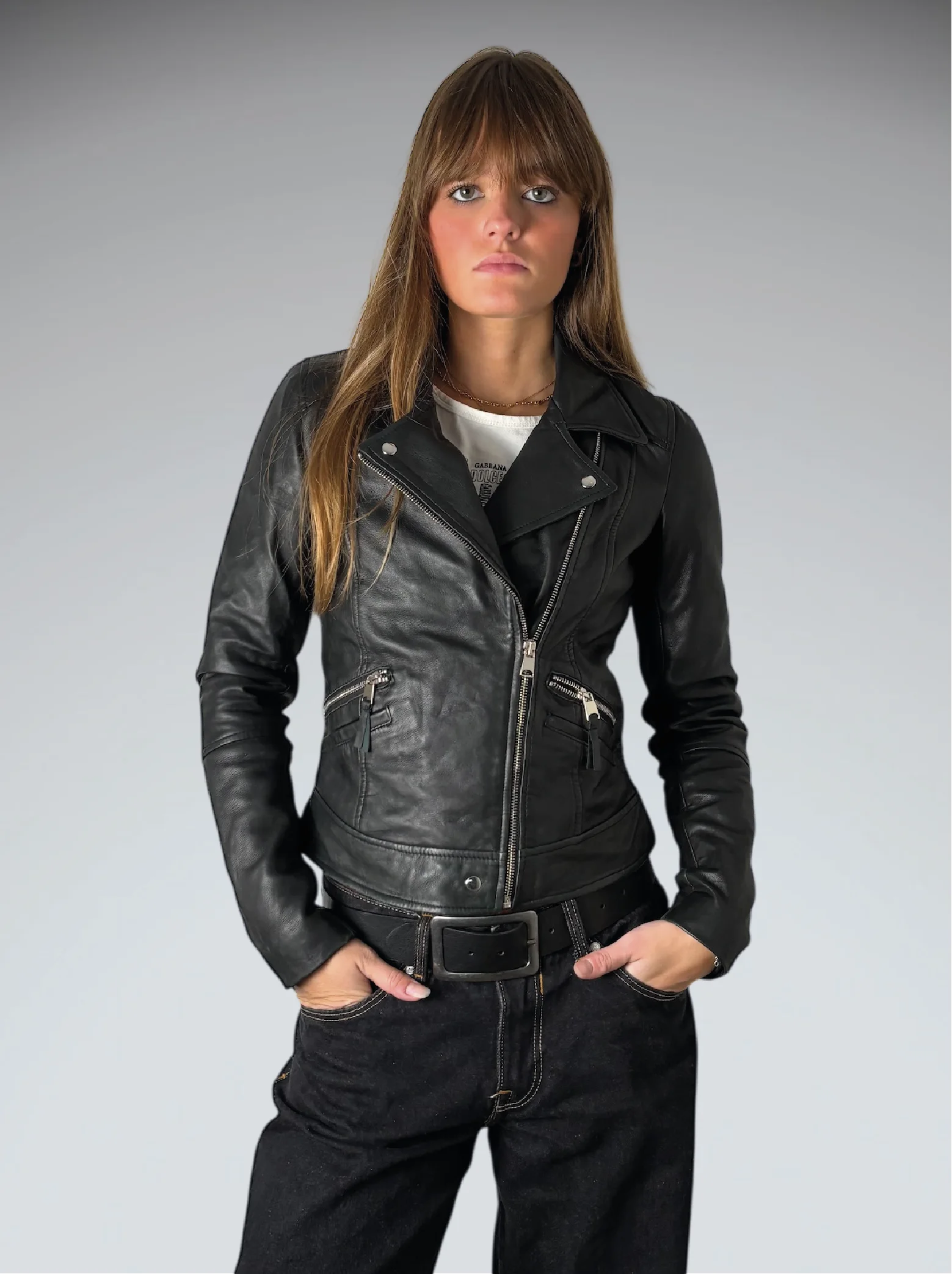 Vintage Black Genuine Leather Diagonal Zip Jacket Women (S)