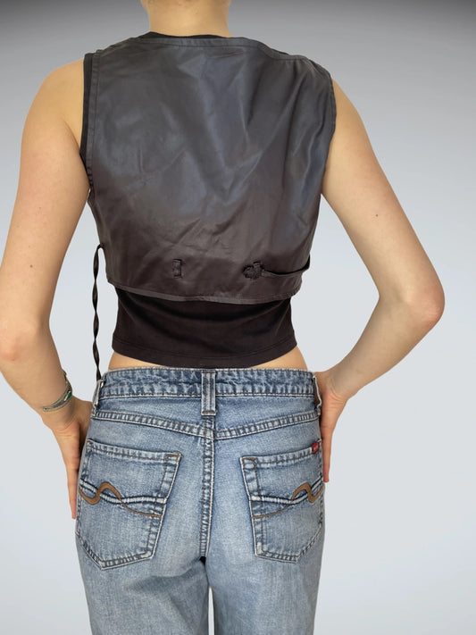 Edgy Cropped U-Neck Vest Gray Faux Leather Grunge Chic (S)