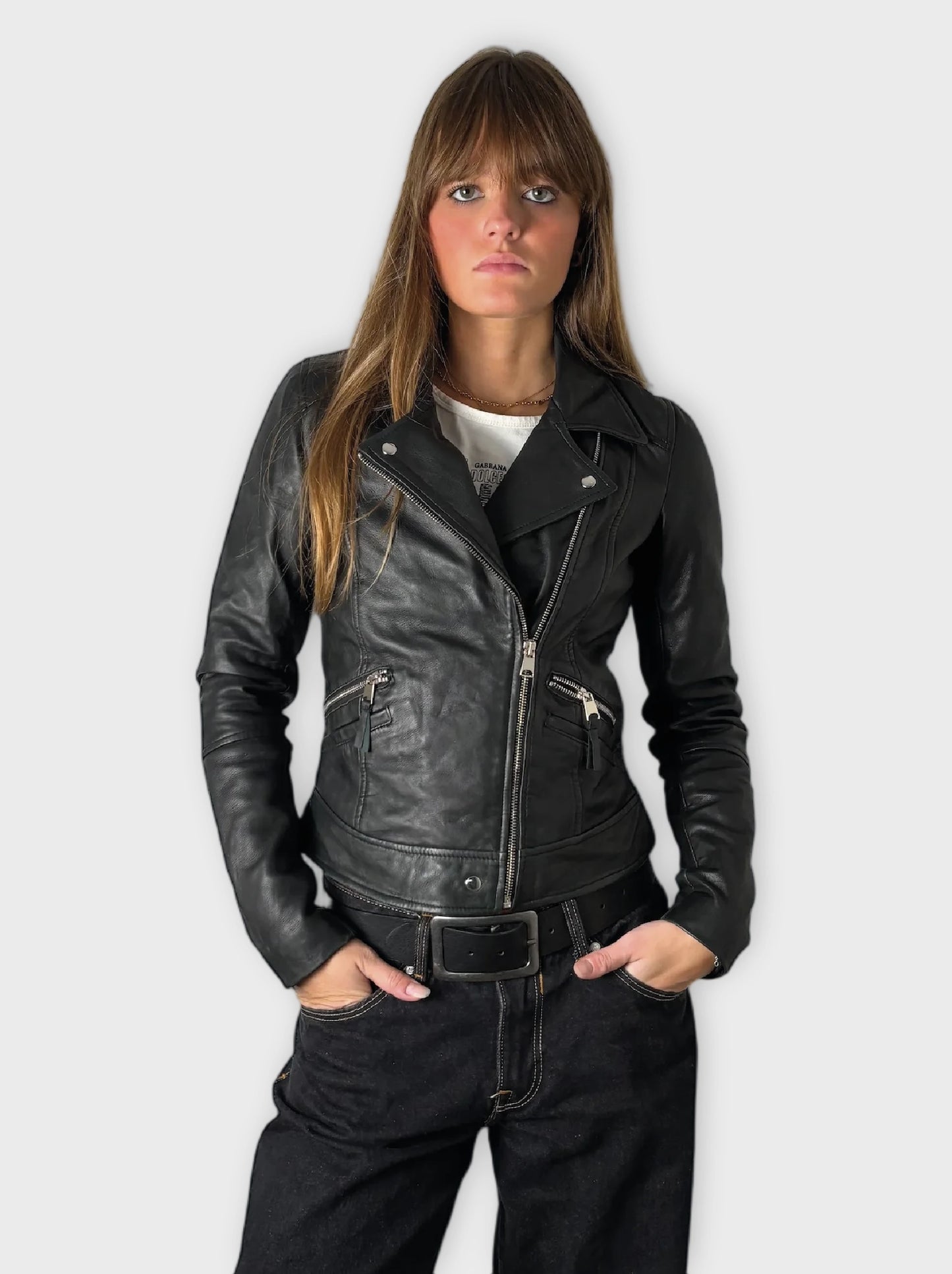 Vintage Black Genuine Leather Diagonal Zip Jacket Women (S)