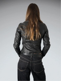 Vintage Black Genuine Leather Diagonal Zip Jacket Women (S)