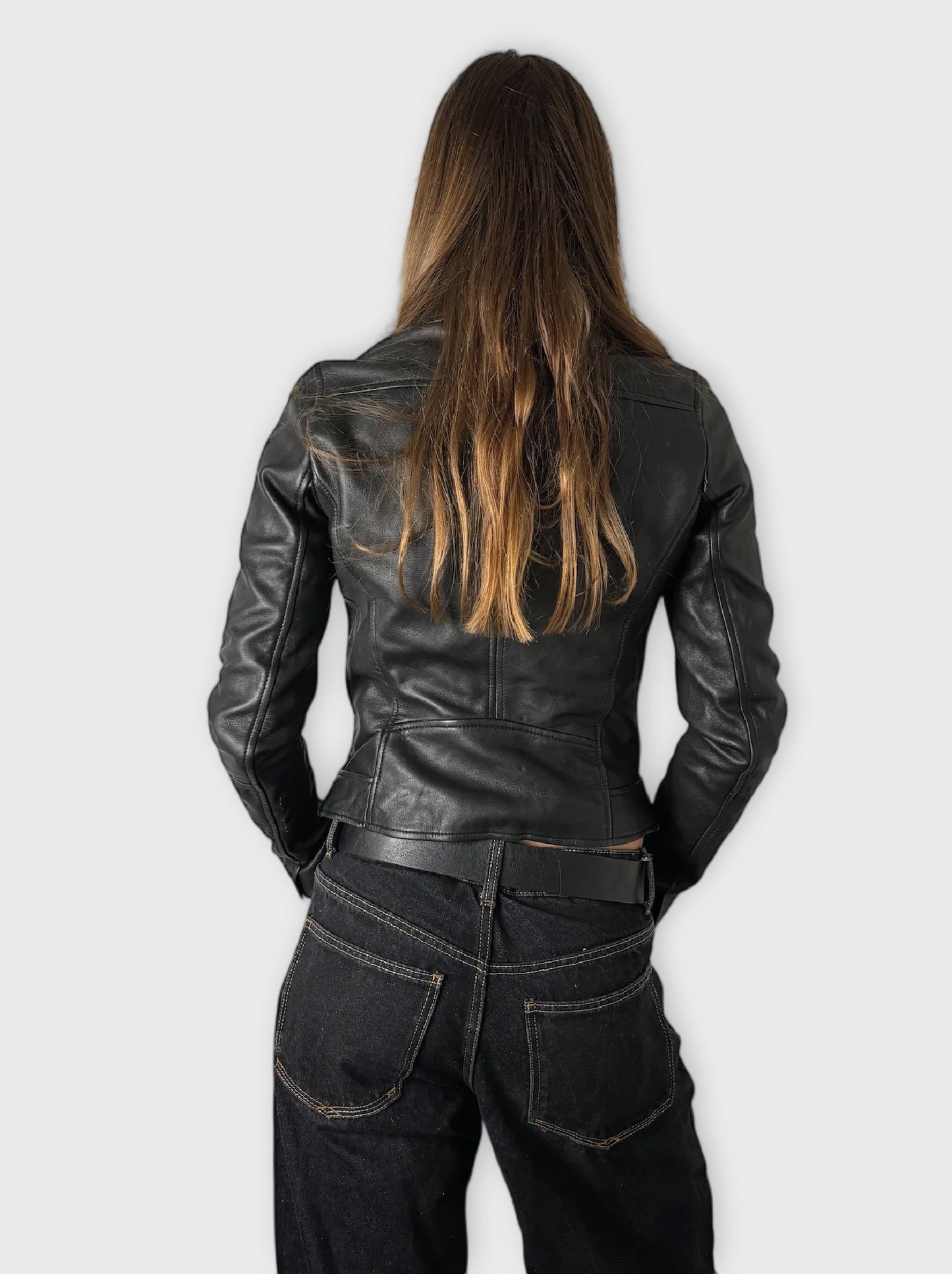 Vintage Black Genuine Leather Diagonal Zip Jacket Women (S)