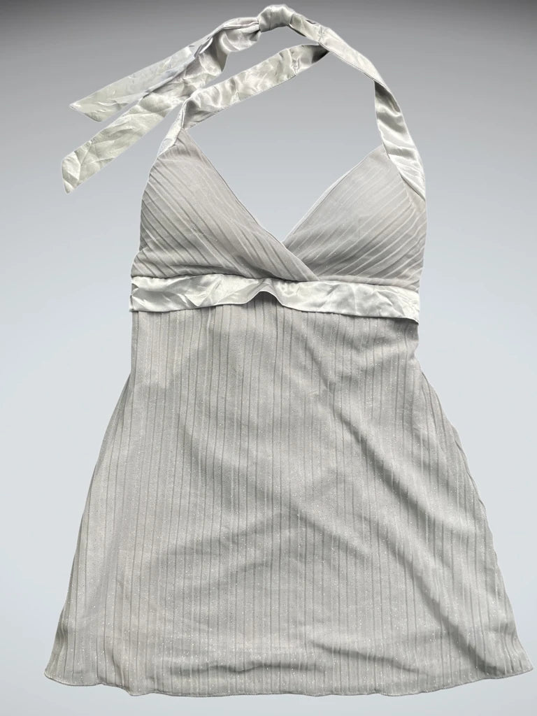 Silver Satin Halterneck Pleated Party Top (S)