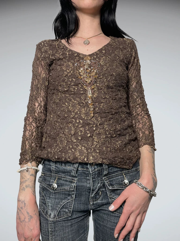 lace brown top with gems