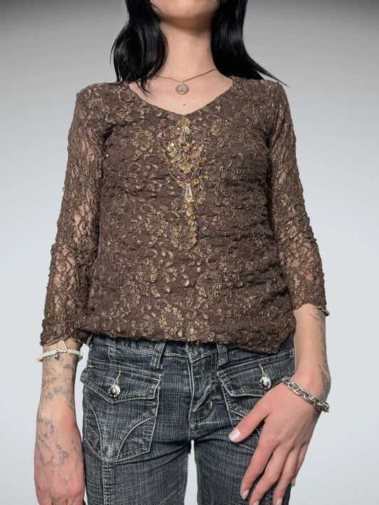 lace brown top with gems