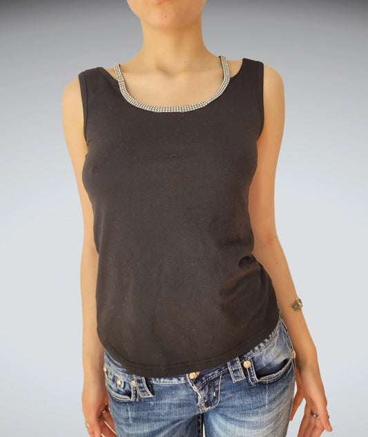 Black Rhinestone Trim Tank Top (M)