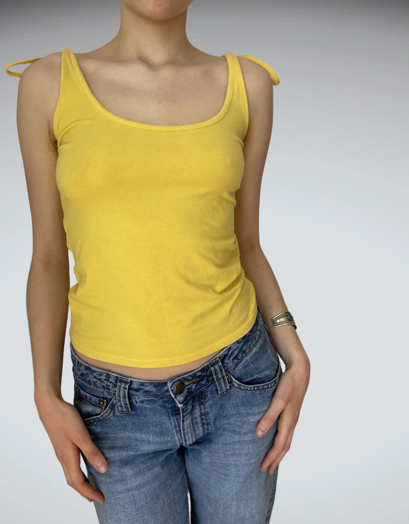 Sunshine Yellow Tie-Shoulder Tank Top Summer Vintage Cami (S)