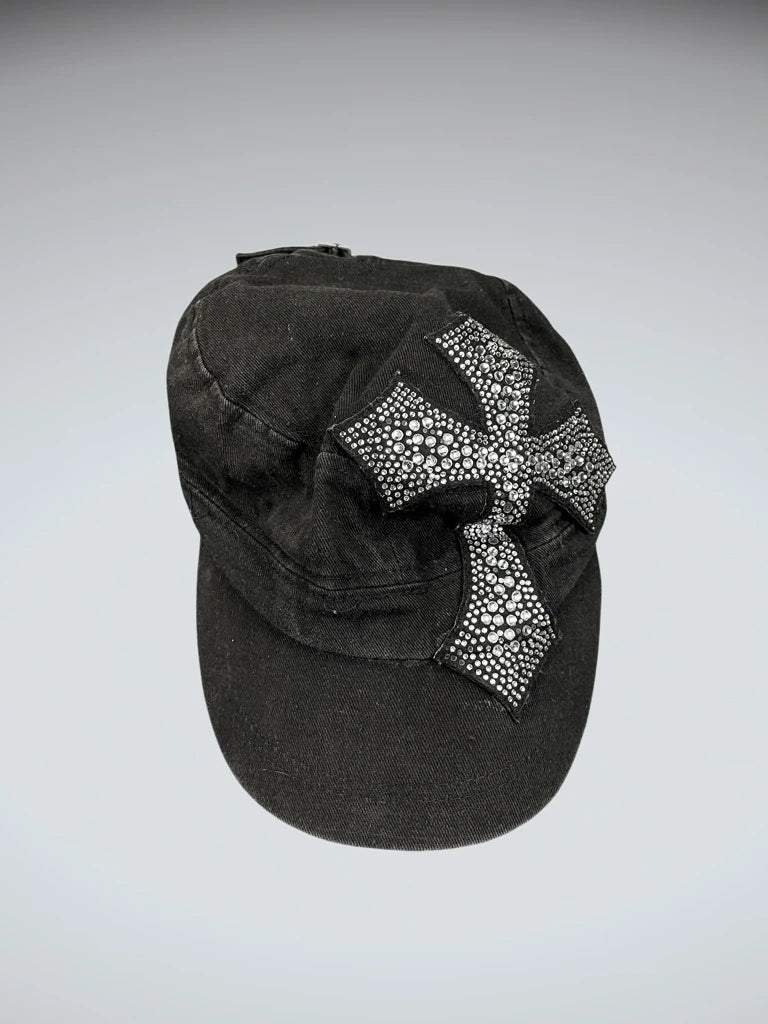Black Rhinestone Cross Military Cap (ONESIZE)