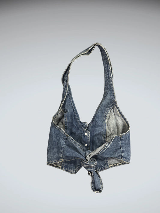Retro Y2K Halter Neck Denim Vest (S)