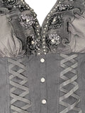Black Corset Top with Floral Appliqué (L)