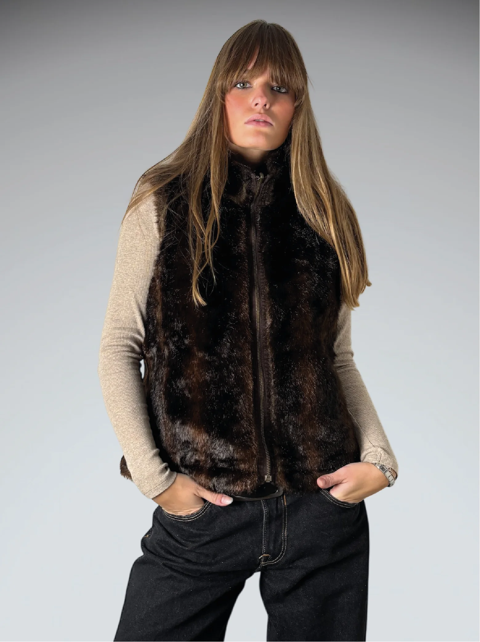 Vintage Brown 2 sided Faux Fur Vest Women (M)