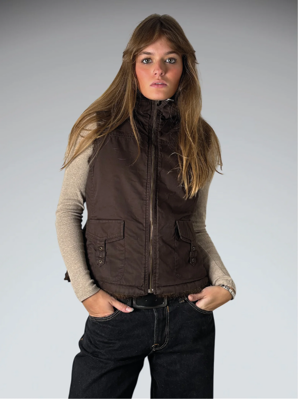 Vintage Brown 2 sided Faux Fur Vest Women (M)