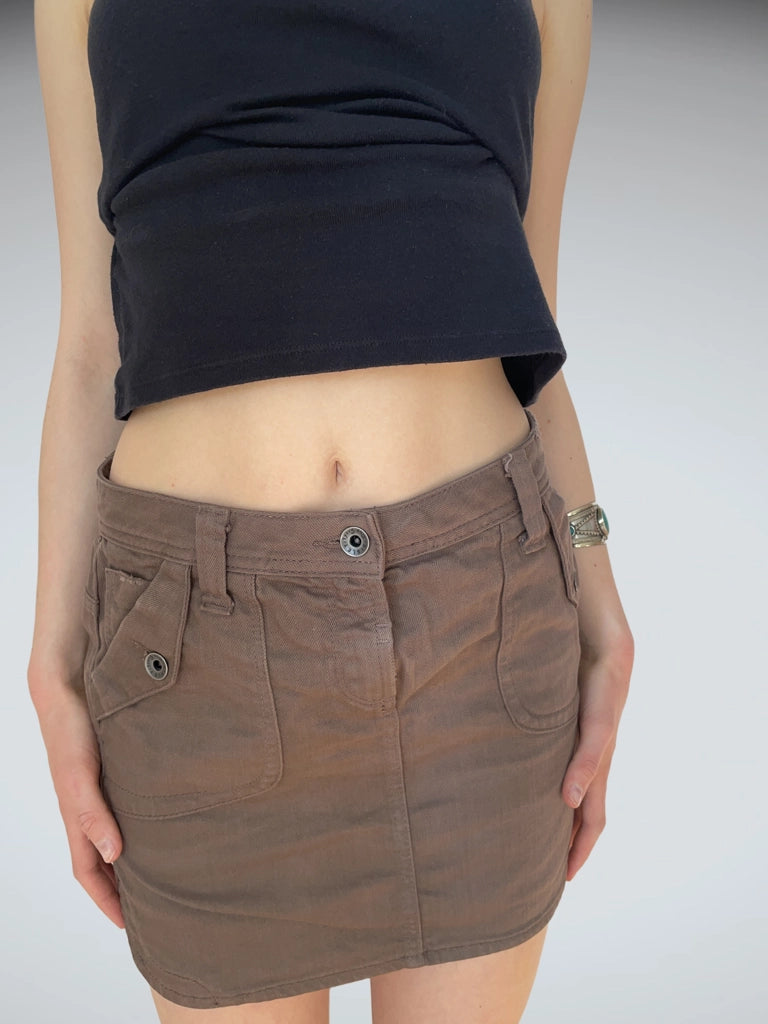 Y2K Chocolate Brown Mini Skirt Low Rise Sisley Grunge (M)