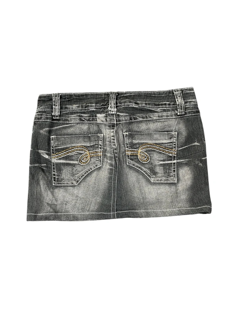 Grey Washed Vintage Denim Skirt with Rhinestone Detail (M)