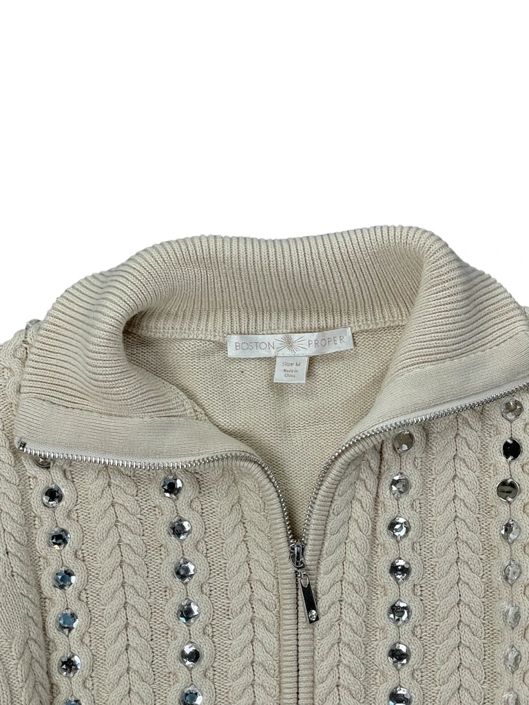 Beige Cable Knit Sweater with Rhinestone Embellishments (M)
