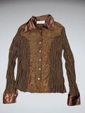 Retro Brown Satin Collar Embellished Button-Up (S)