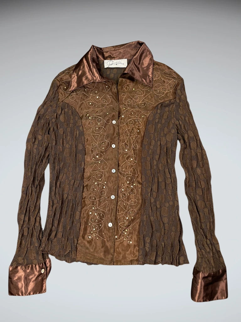 Retro Brown Satin Collar Embellished Button-Up (S)