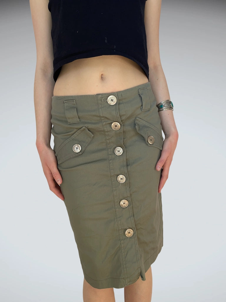Vintage Olive Green Utility Button Midi Skirt Y2K Style (M)