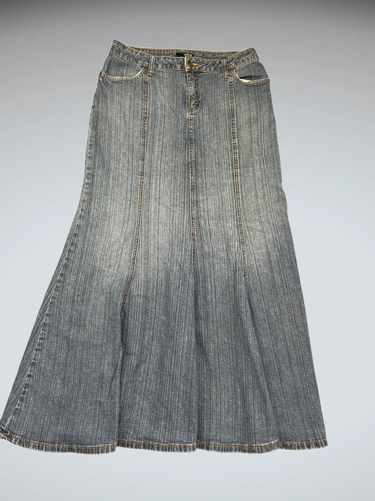 Long Blue Denim Skirt with Panel Design (S)