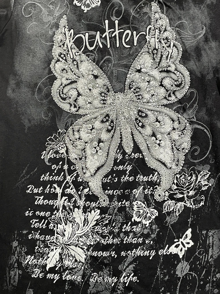 Black Y2K Butterfly Graphic Tee with Rhinestone Detail (M)