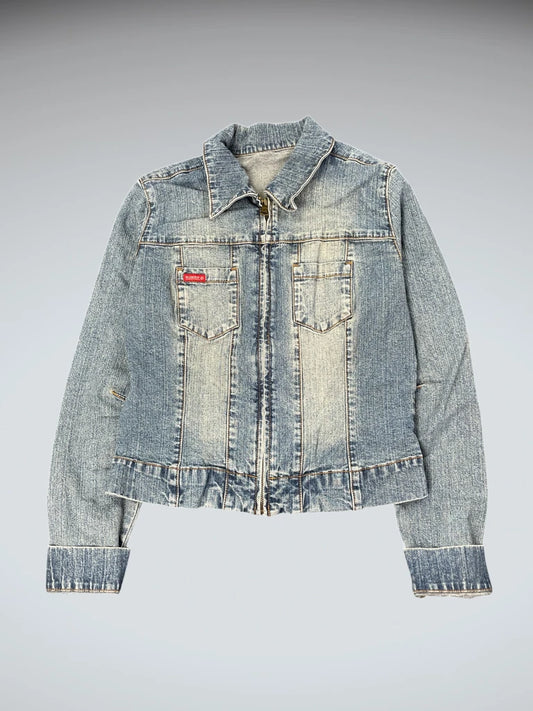 Light Washed Vintage Denim Jacket with Logo Patch (S)