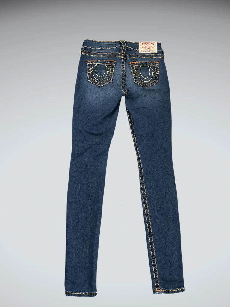 Dark Blue Skinny Jeans with Orange Stitch Accents (XS)