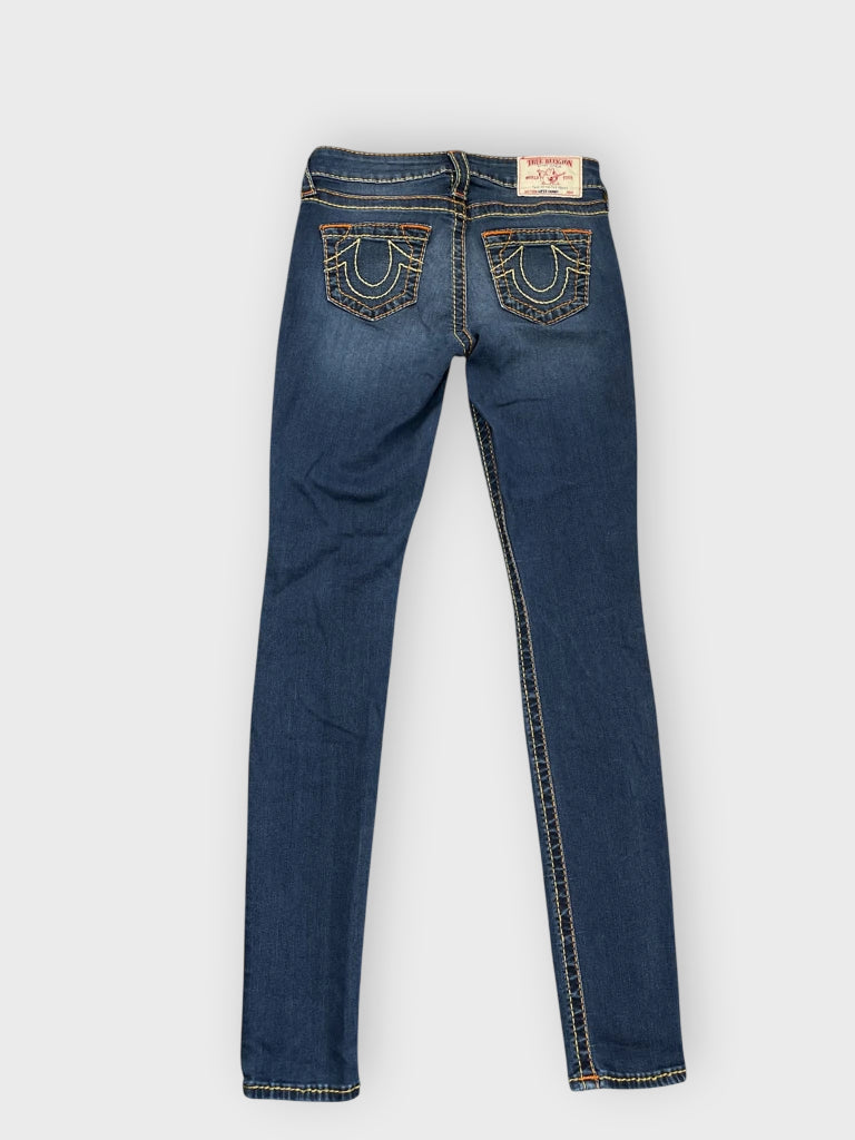 Dark Blue Skinny Jeans with Orange Stitch Accents (XS)