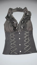 Black Corset Top with Floral Appliqué (L)