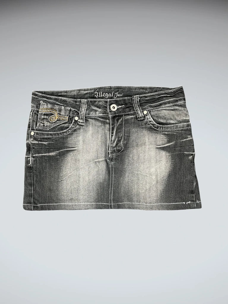 Grey Washed Vintage Denim Skirt with Rhinestone Detail (M)