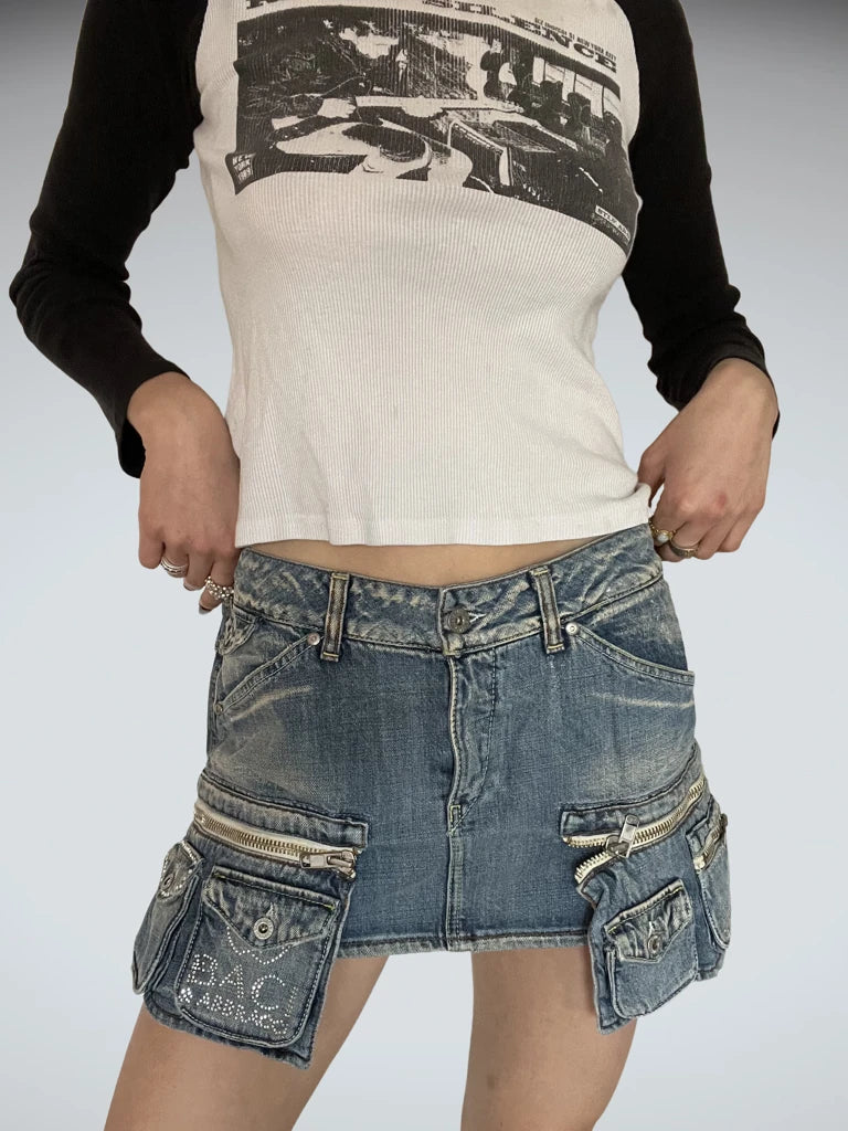 Blue Denim Skirt with Bags